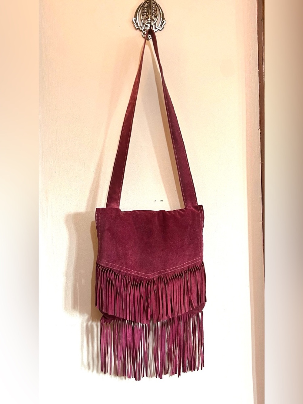 Vintage 70s Wine Fringe Suede Shoulder Bag